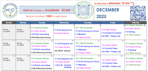 Calendar for December 2025 from Kitchen Creations. Lists various events like gardening, art, and recovery groups. QR codes and sign-up details included.