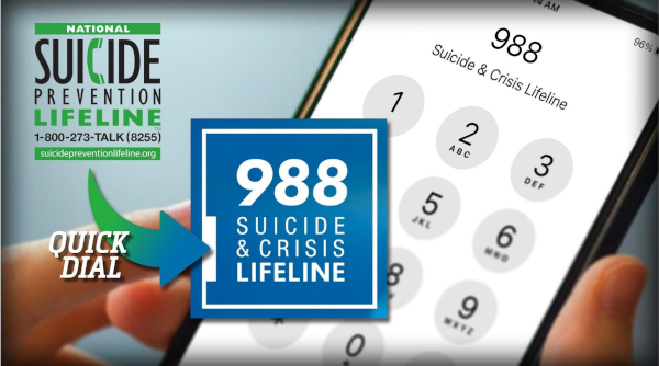 Image of a phone screen displaying the number 988 for the Suicide & Crisis Lifeline. Text emphasizes Quick Dial.