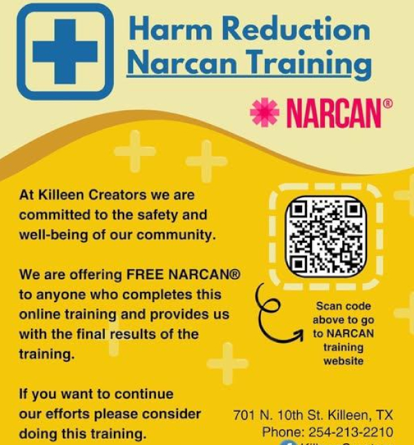 Harm Reduction Narcan Training flyer in yellow with blue medical cross, QR code for online training, and contact info. Tone is supportive and community-focused.