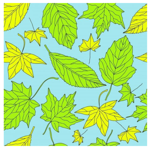 Illustrated pattern of various green and yellow leaves on a light blue background. The design is vibrant and fresh, evoking a sense of spring.
