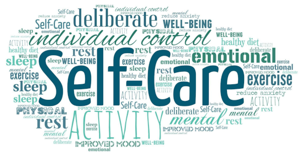 Word cloud centered on Self-Care, surrounded by terms like deliberate, activity, emotional, rest, sleep, and well-being in varying sizes.