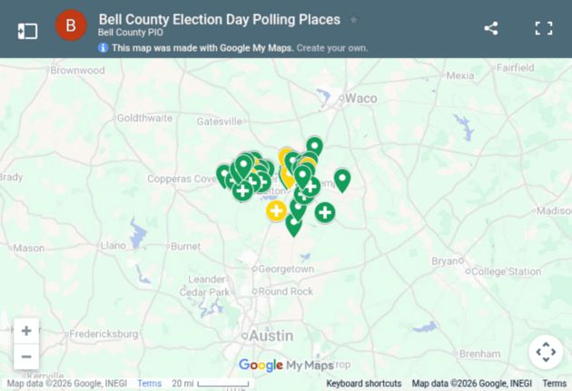 Interactive map showing Bell County election day voting locations.