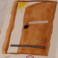 Art journal page reading LOVE, PEACE, FAITH beside a small drawing of a house.