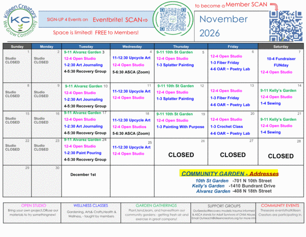 Killeen Creators November 2026 class and group calendar for the Art of Recovery Clubhouse, with sign-up details.