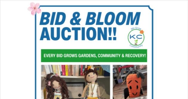 Bid and Bloom silent auction flyer for the Killeen Creators FUNdraiser with auction details and a QR code.