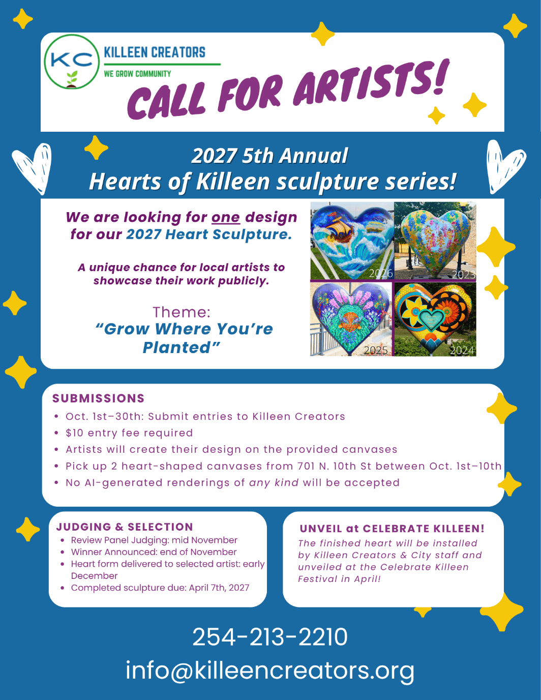 Call for artists poster for the 2027 8th Annual Hearts of Killeen Sculpture Series, seeking community entries.