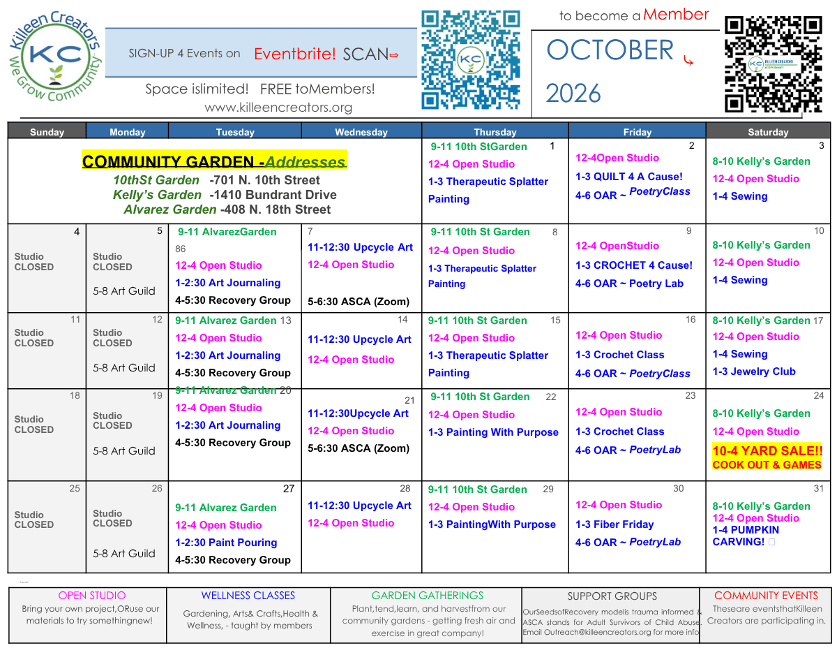 Killeen Creators October class and group calendar for the Art of Recovery Clubhouse, with sign-up details.