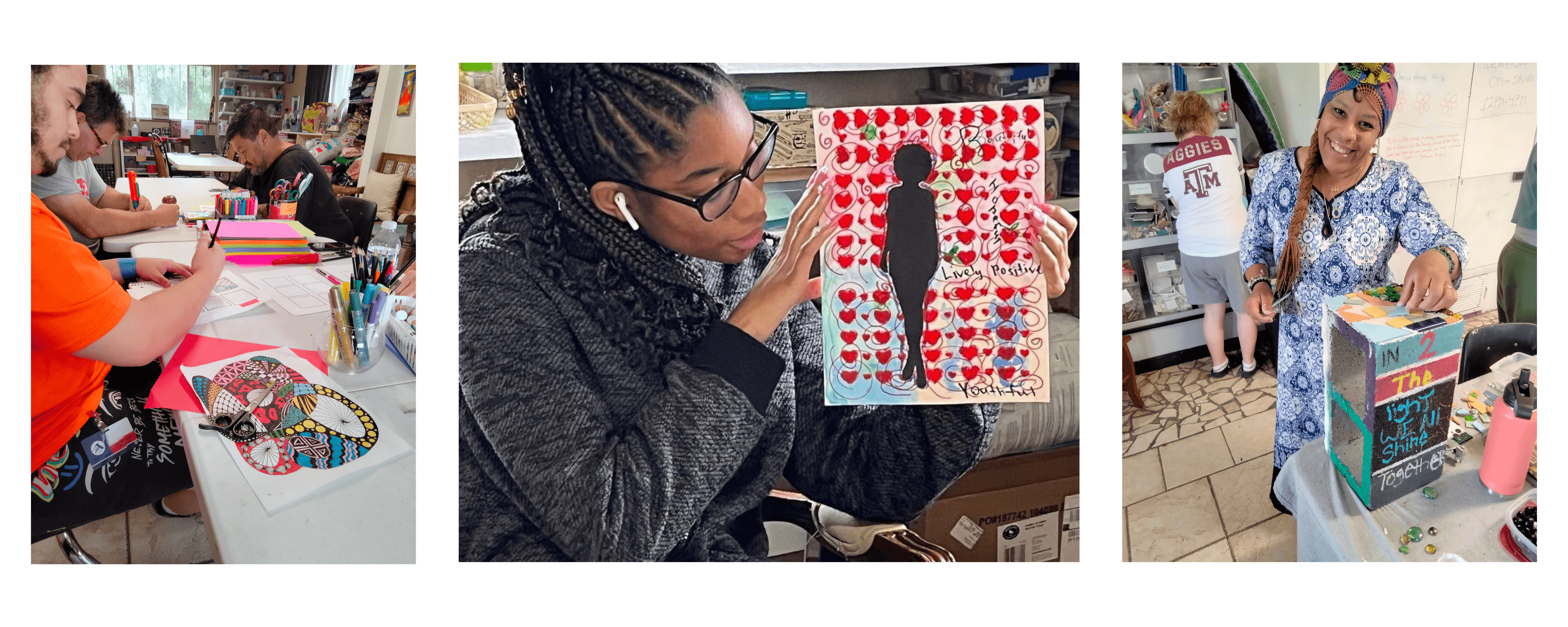 Group art activities: people creating colorful artwork at table with supplies, woman holding flower-patterned silhouette design, and woman with decorated box featuring painted text.
