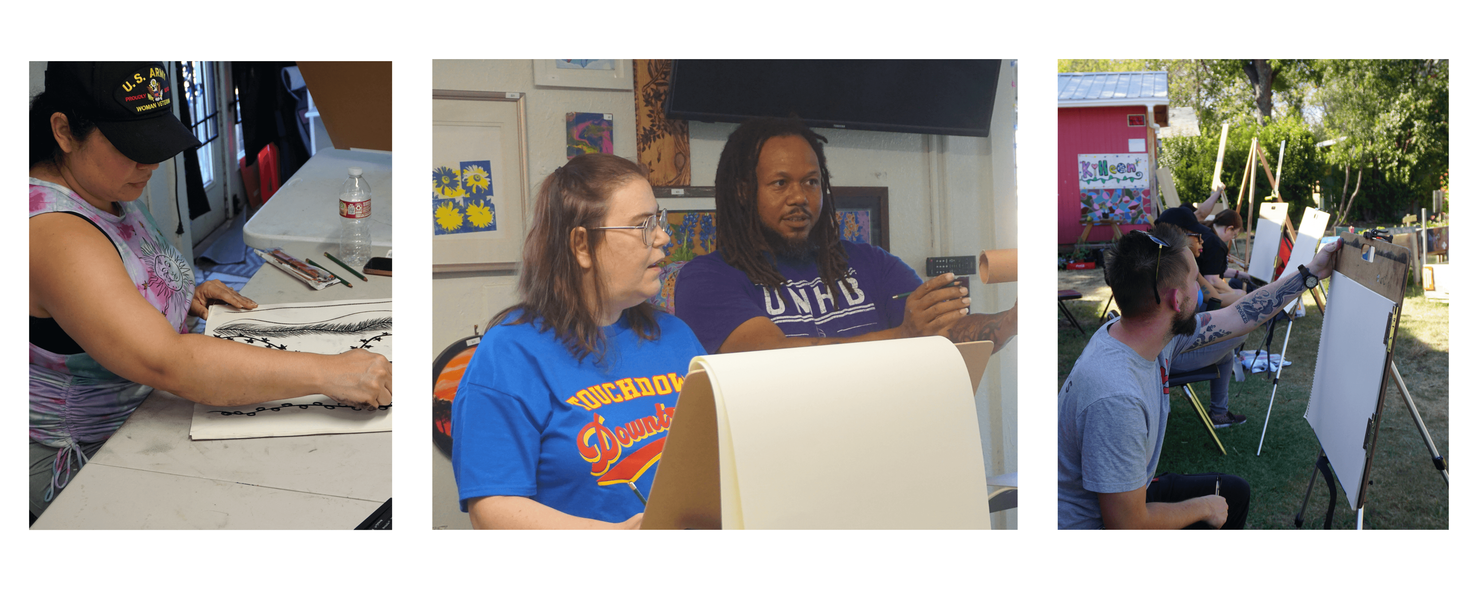 Operation Art of Recovery program: volunteer gardening, detail of purple flower with butterfly, and program participant at community garden event.