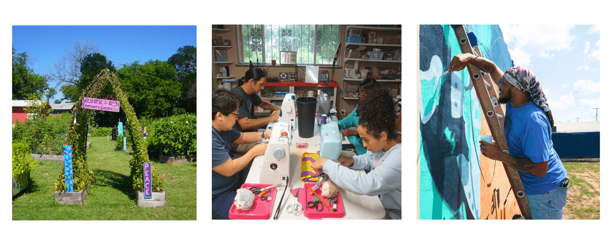 Killeen Creators community programs: people gardening, creating art, and engaging in civic activities together.